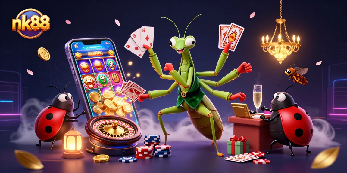 Engage in thrilling card games and slots with nk88 in a vibrant 3D casino illustration.