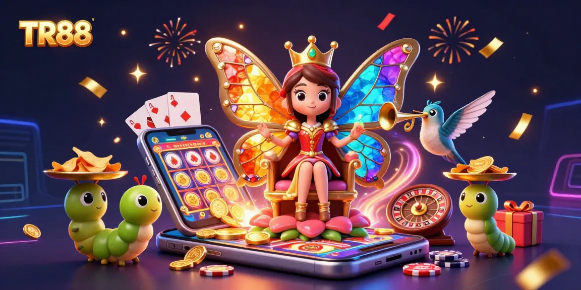 Win big at TR88 with a vibrant illustration showcasing a butterfly queen among colorful casino elements.
