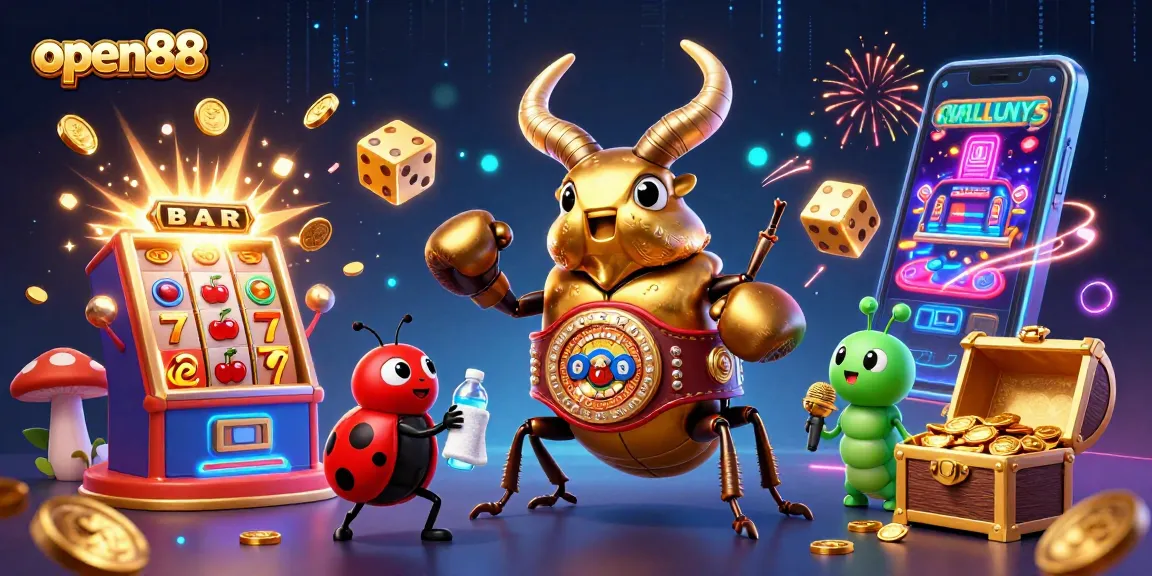 Experience vibrant wins with open88 as the golden stag beetle battles amidst bursting slot machines, cheering crowds, and dazzling coins.