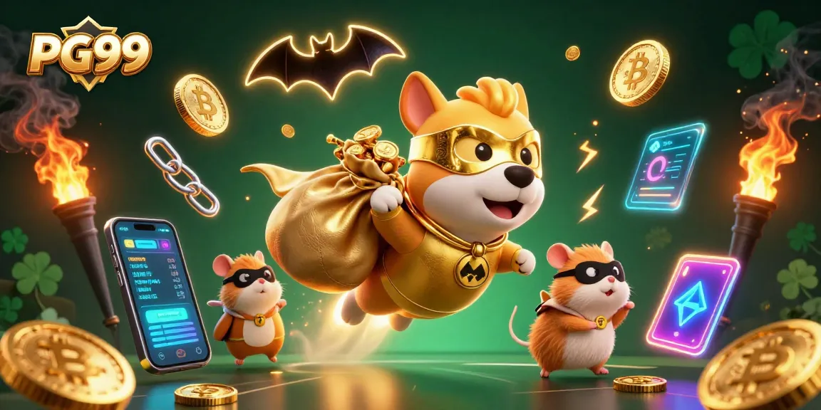 PG99 offers thrilling casino adventures as a superhero dog carries gold coins with sidekick hamster in a colorful scene.