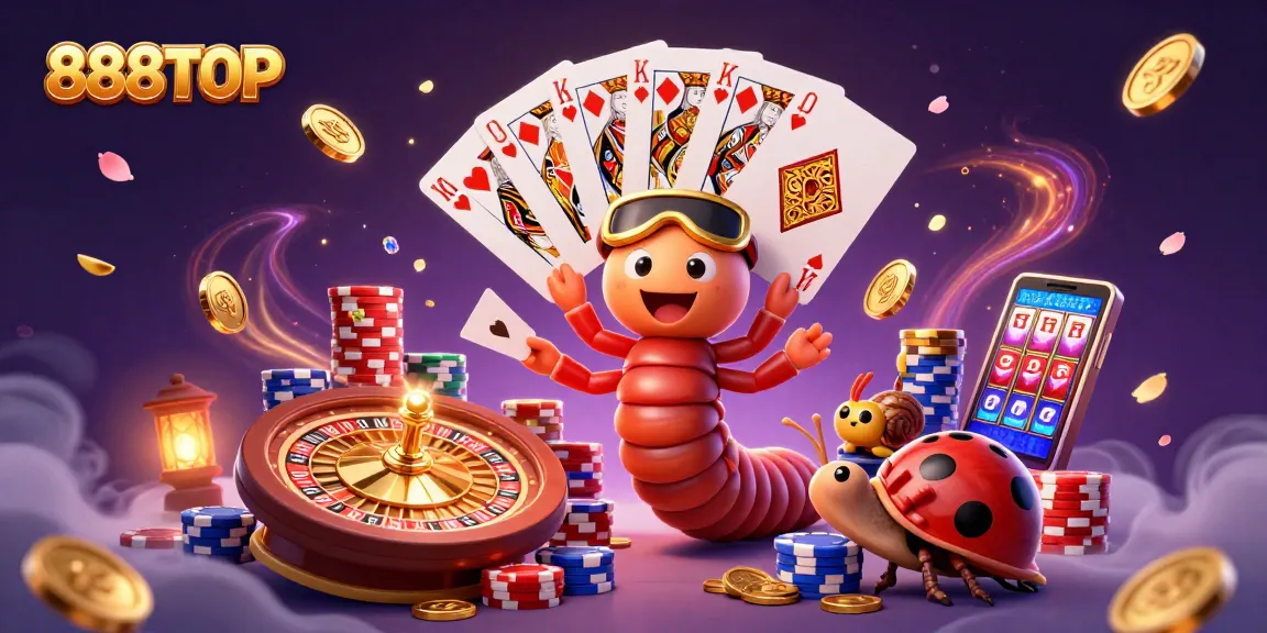 Experience 888TOP's excitement with a millipede dealer and a high-roller snail amidst vibrant casino elements.