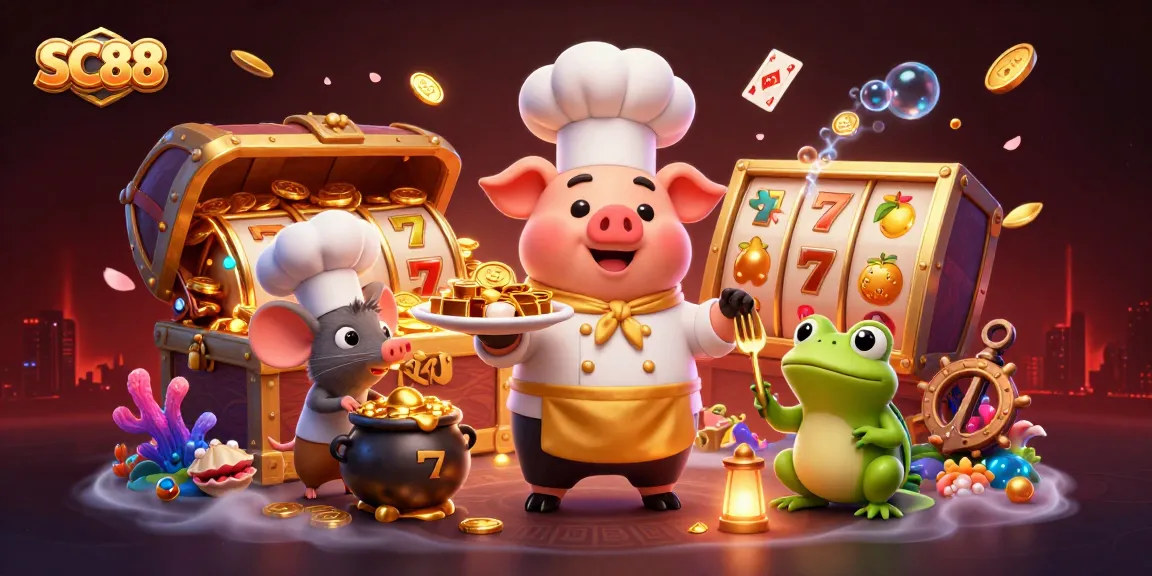 Engage with the SC88 experience as a chef pig serves gold coins amidst vibrant casino elements for players.