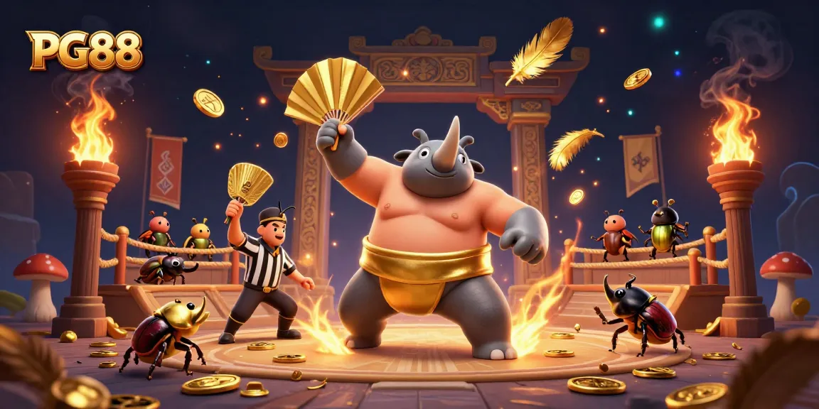 PG88 players cheer as the sumo champion beetle captures golden coins in an exciting betting arena.