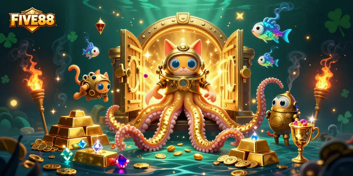 Join FIVE88 for a thrilling adventure with a kraken, diving cat, and treasure in this casino-themed illustration.