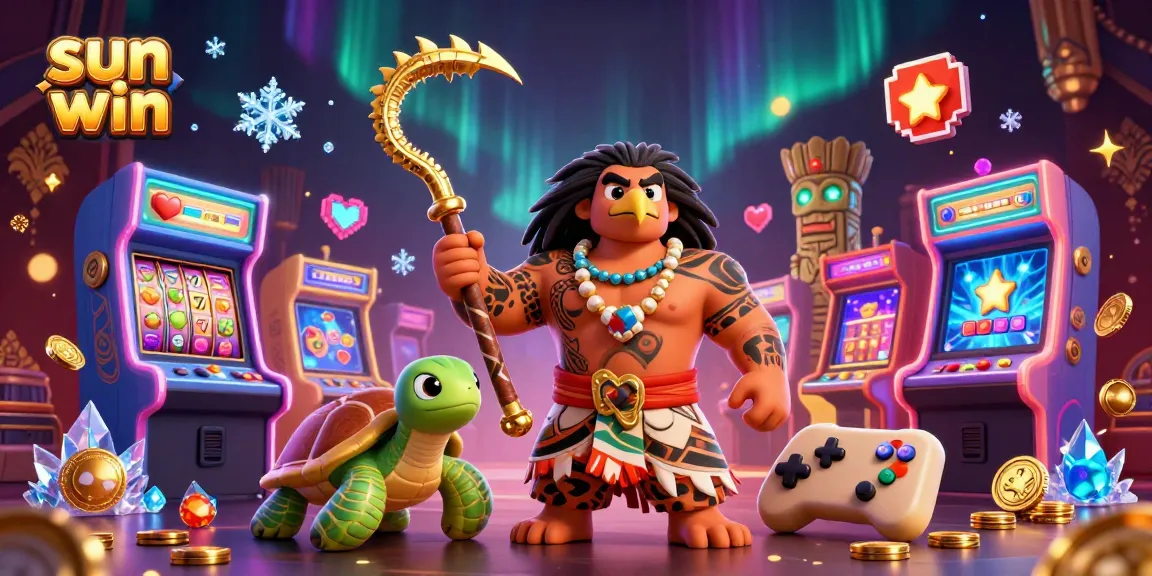 Engage with sun win's vibrant casino adventure featuring Maui-style demigod amidst colorful arcade games.