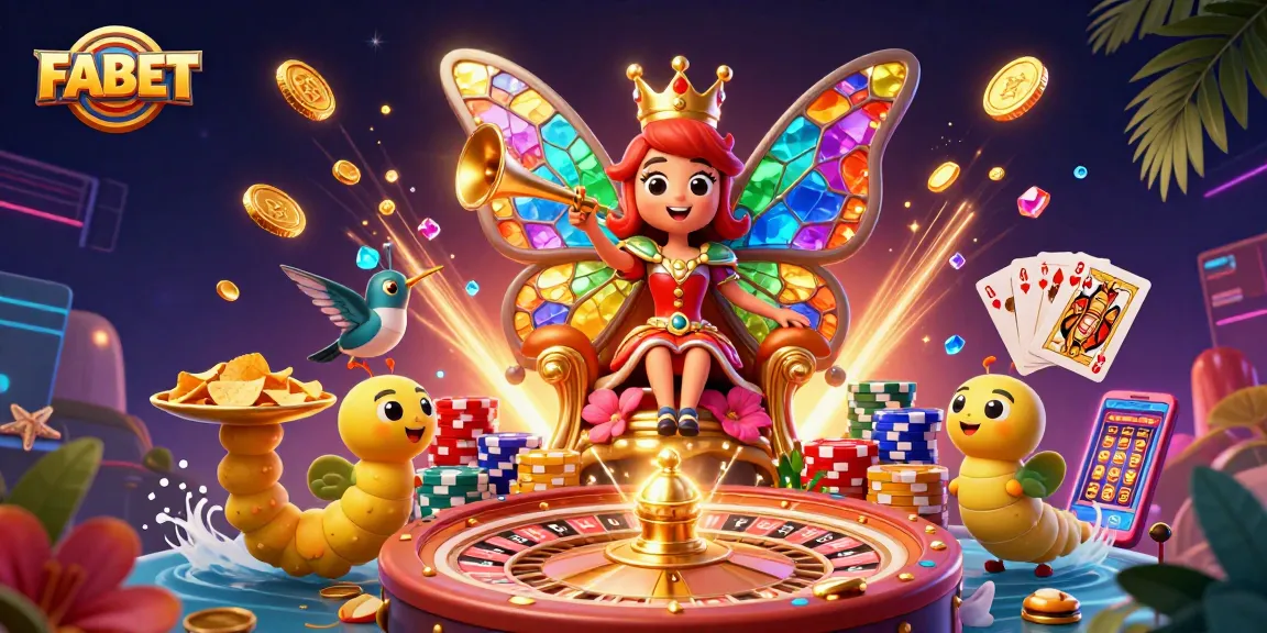 Experience FABET’s vibrant casino world featuring a butterfly queen amidst dazzling chips and gems.