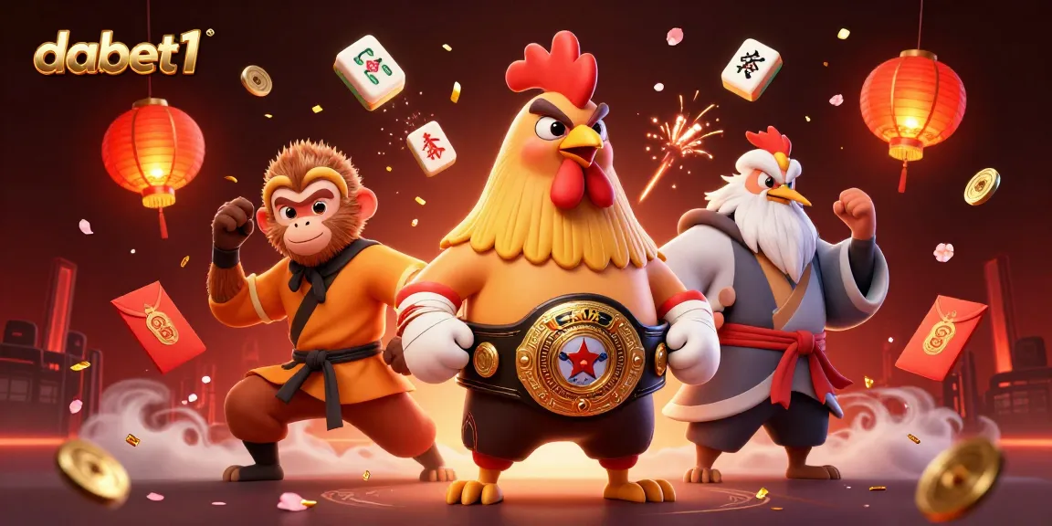 Dabet1 features a fierce Muay Thai rooster, Shaolin monkey, and wise crane in a vibrant casino scene.