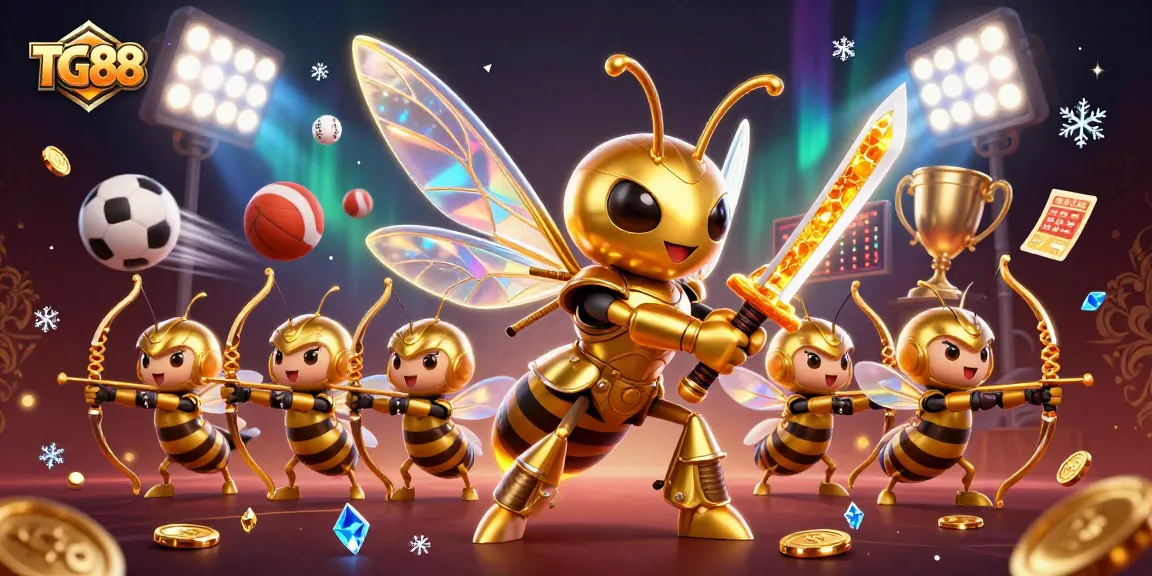 Experience thrilling gameplay with TG88's vibrant 3D illustration featuring a golden samurai hornet amidst sports action!