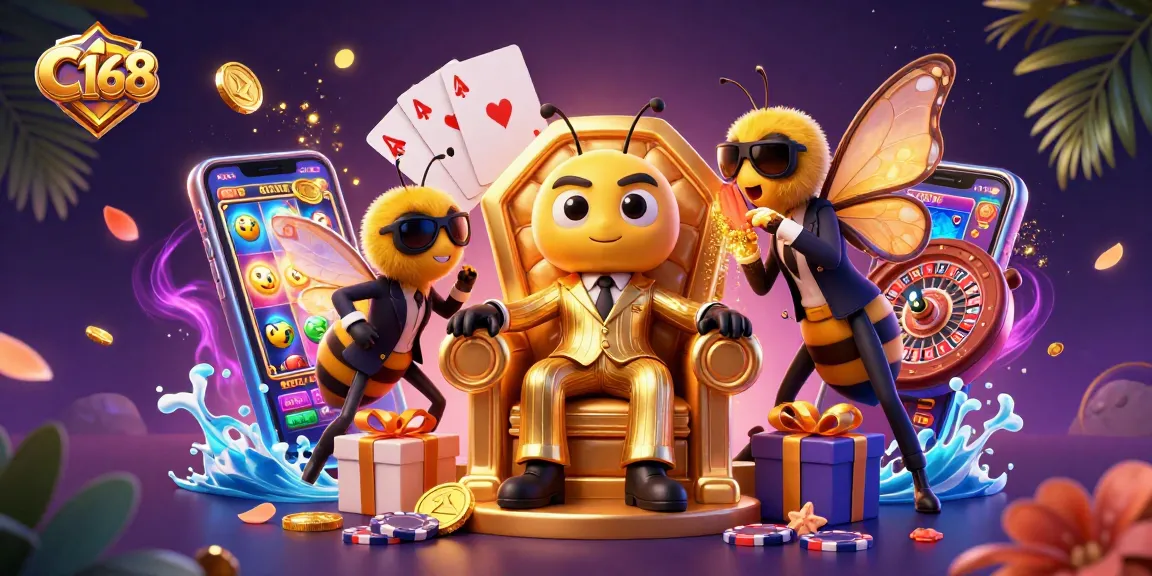 C168's dynamic gambling scene showcases a bumblebee mob boss with winning casino elements, immersive slot game action.