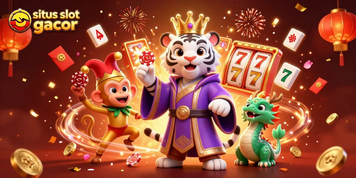 Experience the excitement of situs slot gacor with 3D characters surrounded by vibrant casino elements.