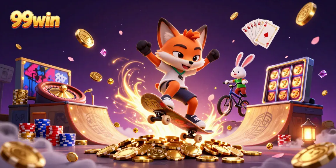 Experience the thrill of 99win casino with a lively scene featuring a skateboarder fox and BMX rabbit.