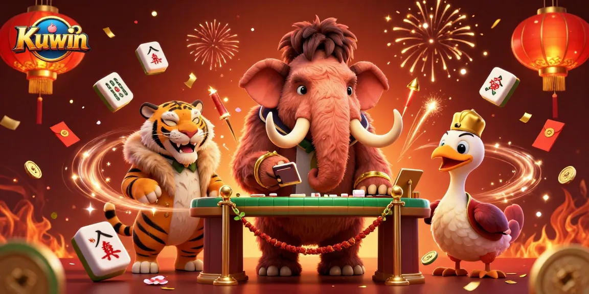 Kuwin casino scene showcasing a woolly mammoth bouncer validating a saber-tooth tiger VIP amidst festive decorations.
