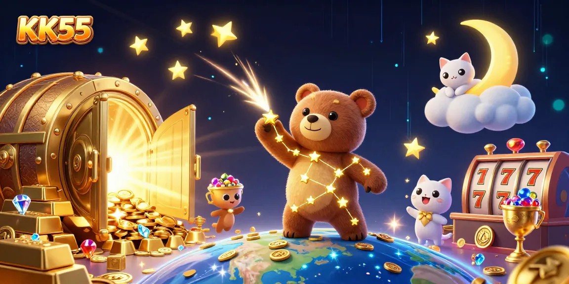 Experience excitement at KK55 as the constellation bear scoops coins and treasures in this vibrant casino illustration.