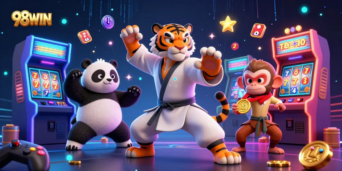 Engage in thrilling gaming excitement at 98WIN with colorful slot reels and dynamic arcade elements.